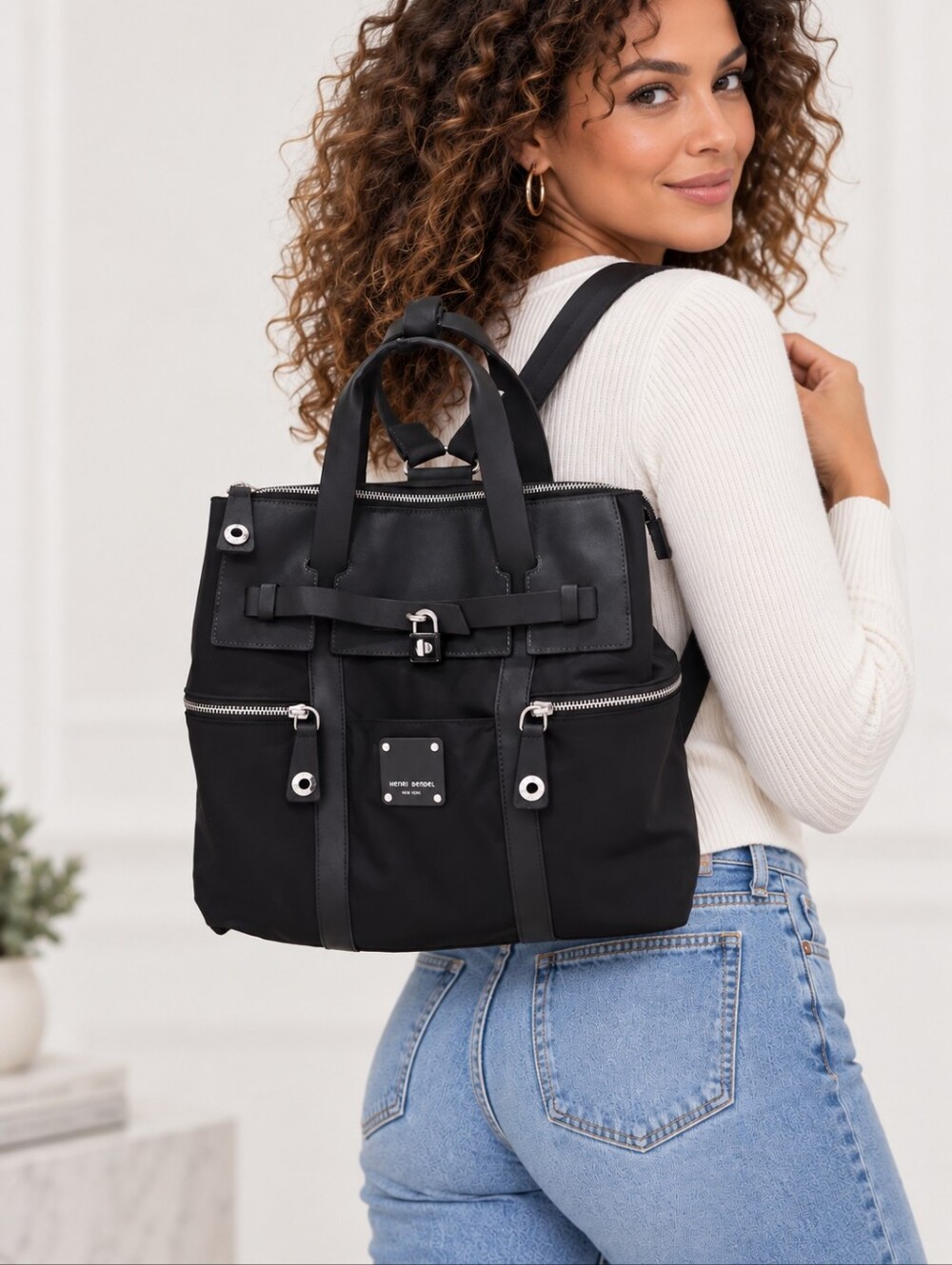 Henri Bendel Jetsetter convertible backpack featuring silver-tone hardware Black